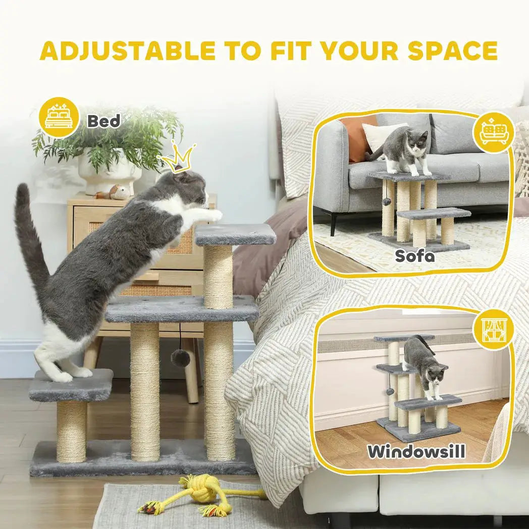 PawHut Pet Steps for Bed, 3 Step Adjustable Pet Stairs for Sofa with 6 Sisal Scratching Posts for Small Dogs & Cats, Grey - from PawHut