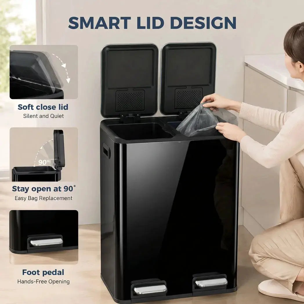 HOMCOM 2 x 30L Double Kitchen Bin, Stainless Steel Pedal Rubbish Bin with Dual Compartments, Soft Close Lids, High Gloss Black - from HOMCOM