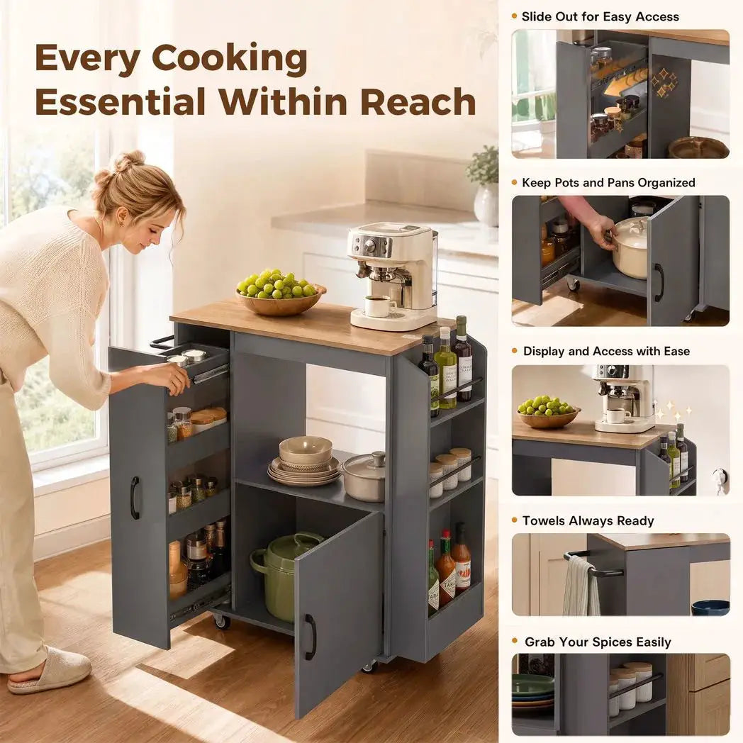 HOMCOM Kitchen Trolley on Wheels, Rolling Kitchen Island Cart with Power Outlet, Cabinet, Pull-Out Drawer, Grey - from HOMCOM