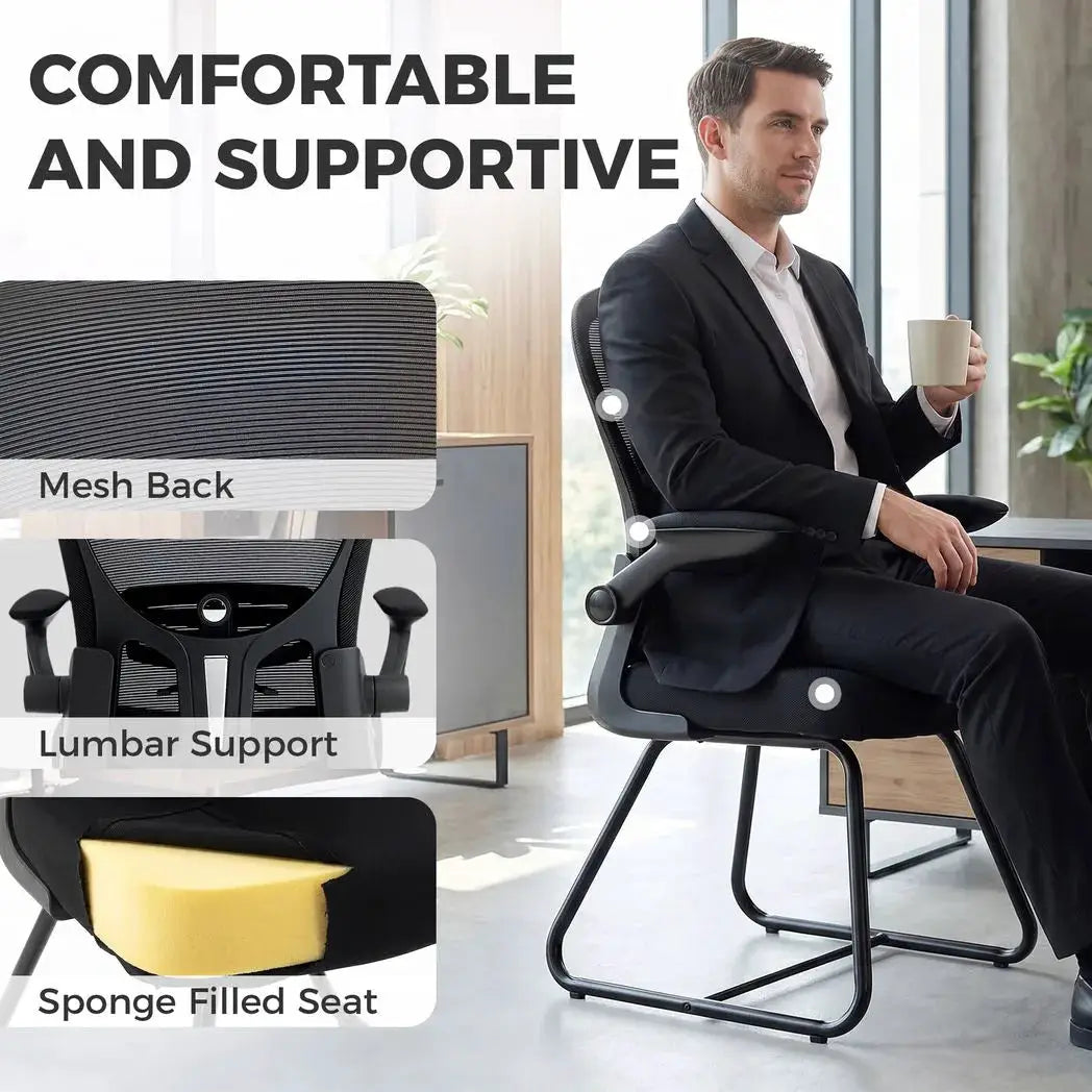 HOMCOM Reception Chair, Conference Meeting Office Chair with Flip-up Armrest, Mesh Backrest, Lumbar Support and Metal Base - from HOMCOM