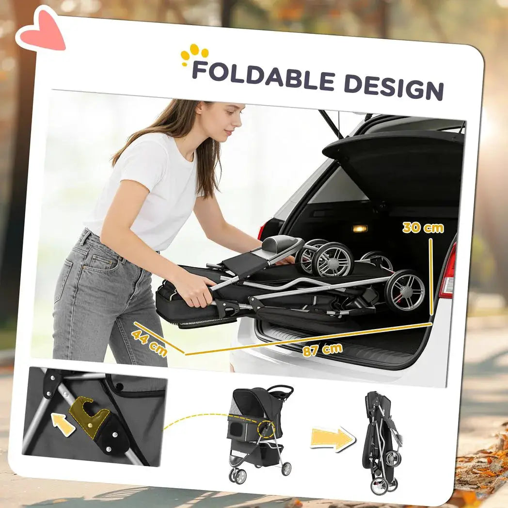 PawHut Dog Stroller, 3 Wheels Foldable Pet Stroller with Adjustable Canopy, Storage Basket for Small Mini Breeds, Dark Grey - from PawHut