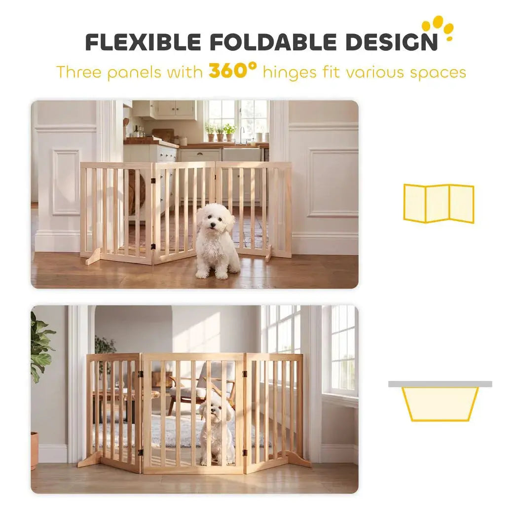 PawHut Wooden Dog Gate, 3-Panel Freestanding Pet Gates Indoor with 2 Support Feet and 360° Flexible Hinges, Natural - from PawHut