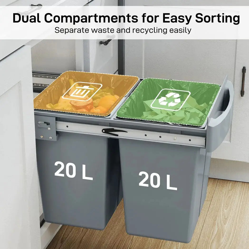 HOMCOM Pull Out Bin, Kitchen Under Sink Bin with 2 Removable Compartments, Smooth Glide, Grey - from HOMCOM