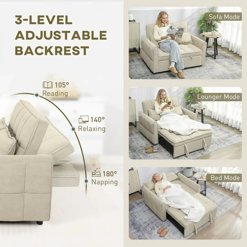 HOMCOM 2 Seater Sofa Bed, 3-in-1 Convertible Sleeper Sofa with Click-clack Adjustable Backrest and 2 Pillows, Light Brown - from HOMCOM