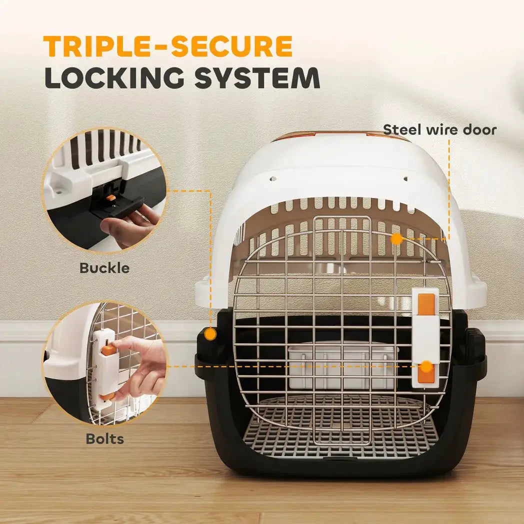PawHut Plastic Pet Carrier Hard Shell Dog Cat Carrier Max 4 KG Steel Door Feed Bowl Secure Lock 49 x 32 x 31 cm - from PawHut