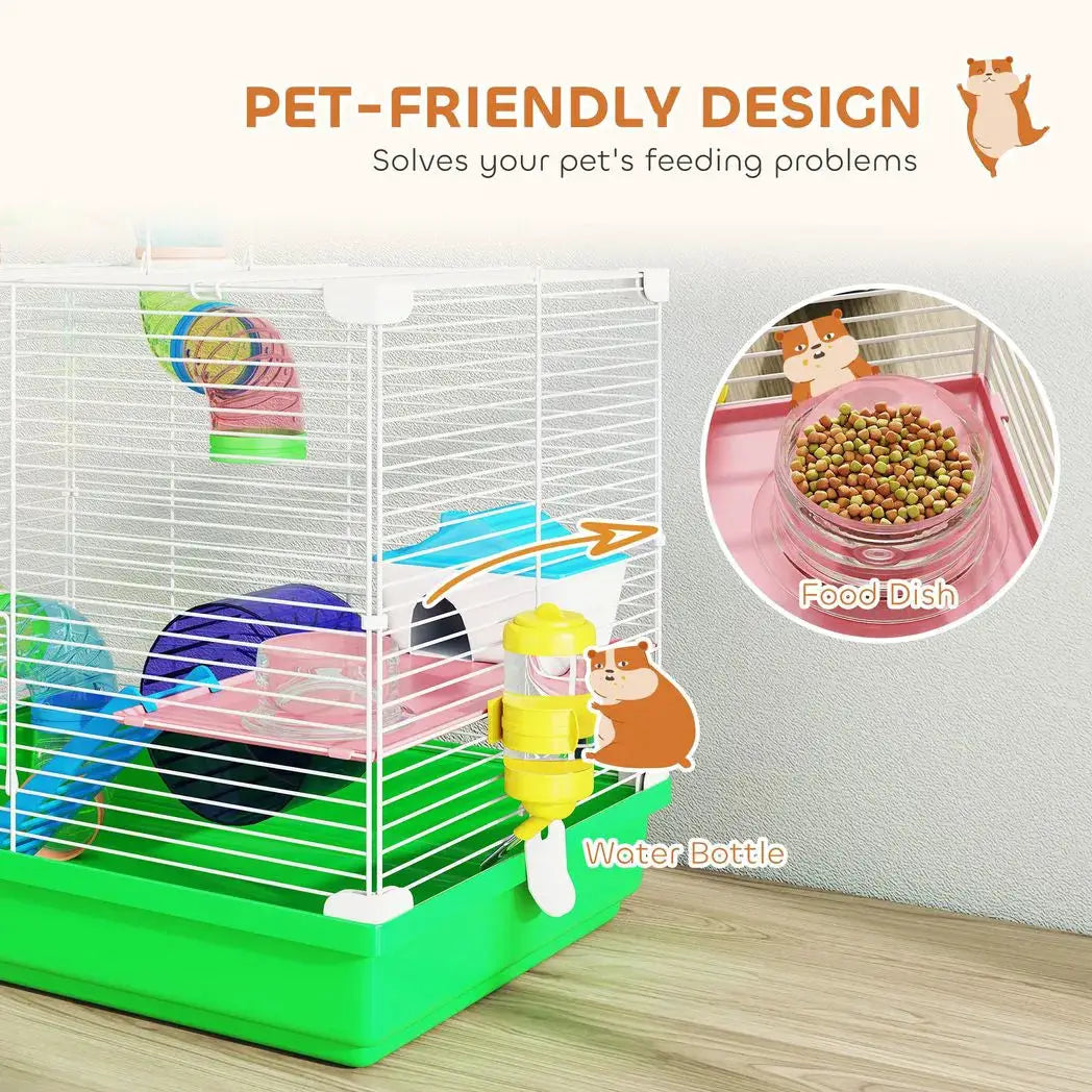 PawHut 2 Tier Hamster Cage, Gerbil Cage with Handle, Exercise Wheels, Tunnel, Water Bottle, Dishes, Ladder, for Dwarf - from PawHut