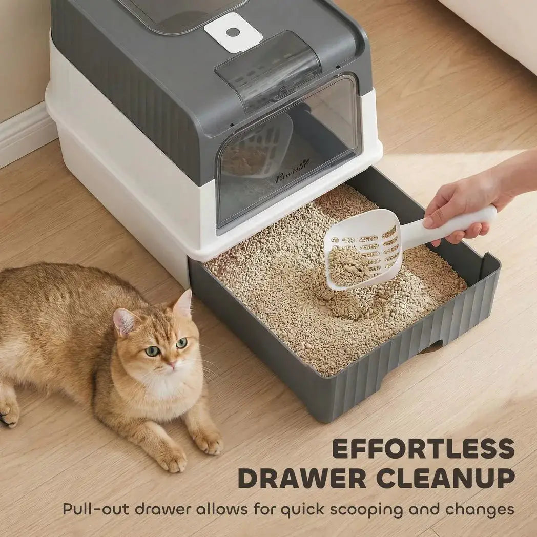 PawHut Enclosed Cat Litter Box with Lid, Pull-Out Drawer Tray, Scoop, 2 Deodorisation Bags, Front Entry & Top Exit, Grey - from PawHut