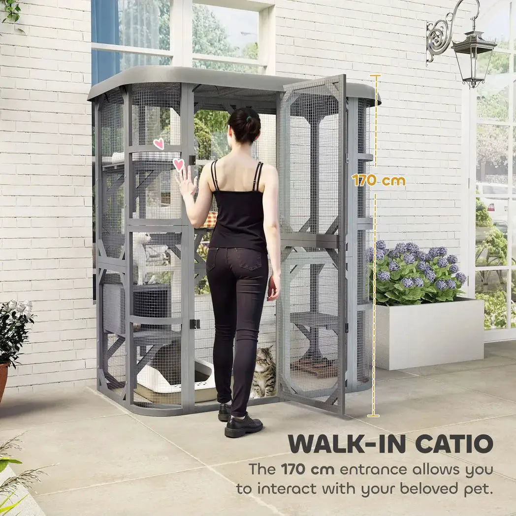 PawHut Catio Outdoor Cat Enclosure, Wooden Cat House with Platforms, Condo and Waterproof Cover for 2?3 Kittens, Grey - from PawHut
