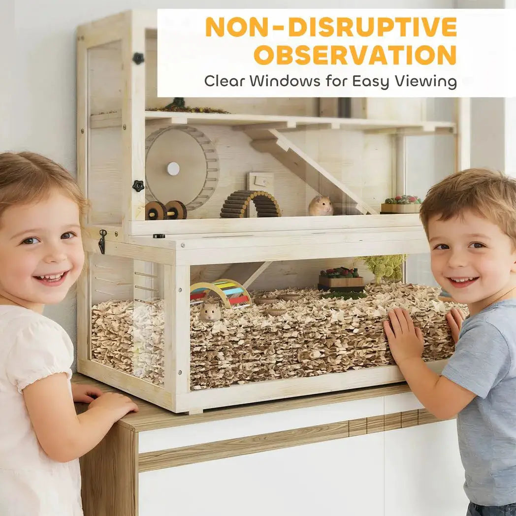 PawHut Wooden Hamster Cage with Hut, Wheel, Ramps, Removable Viewing Panels, 100 x 50 x 84 cm, Natural Wood - from PawHut