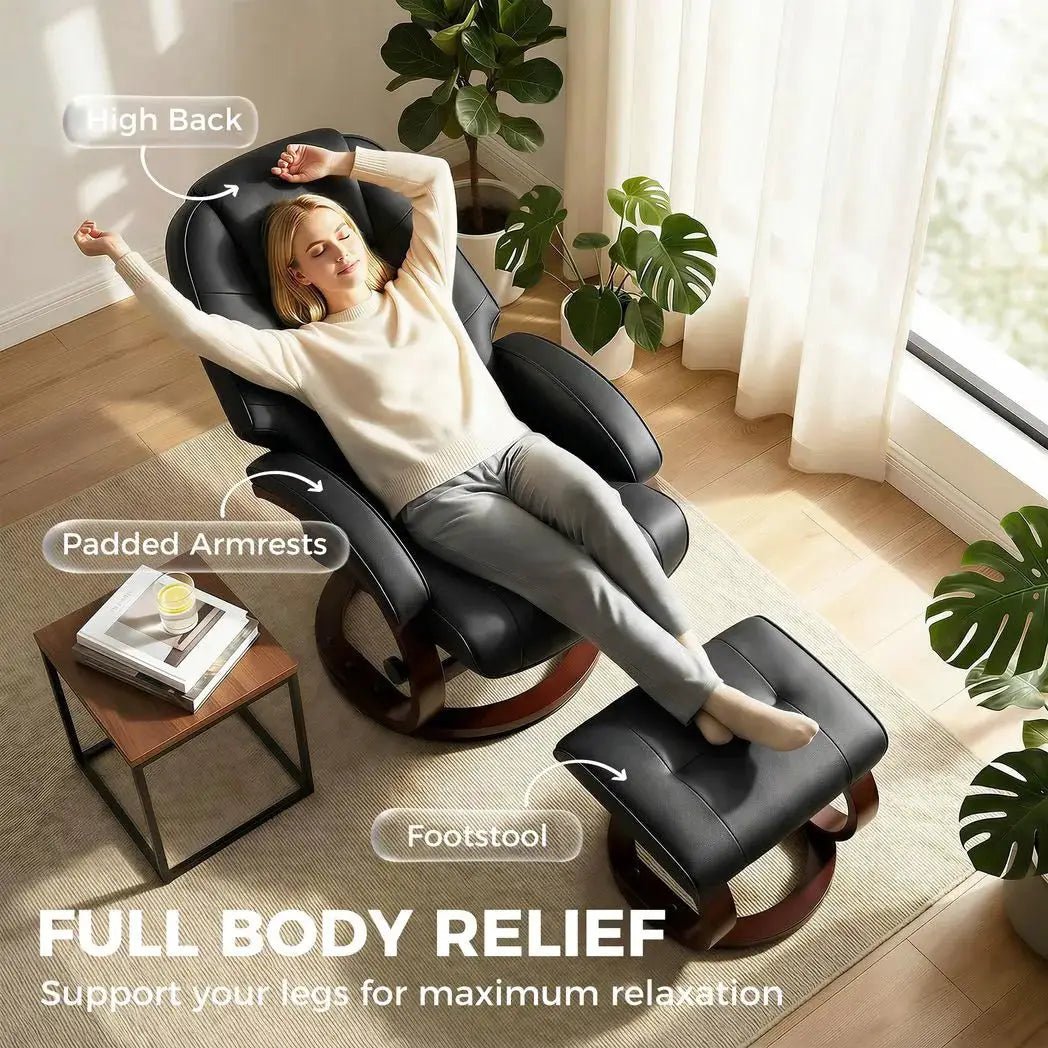 HOMCOM Swivel Recliner Chair with Footstool, PU Leather Recliner Armchair with Adjustable Back and Wood Frame, Black - from HOMCOM