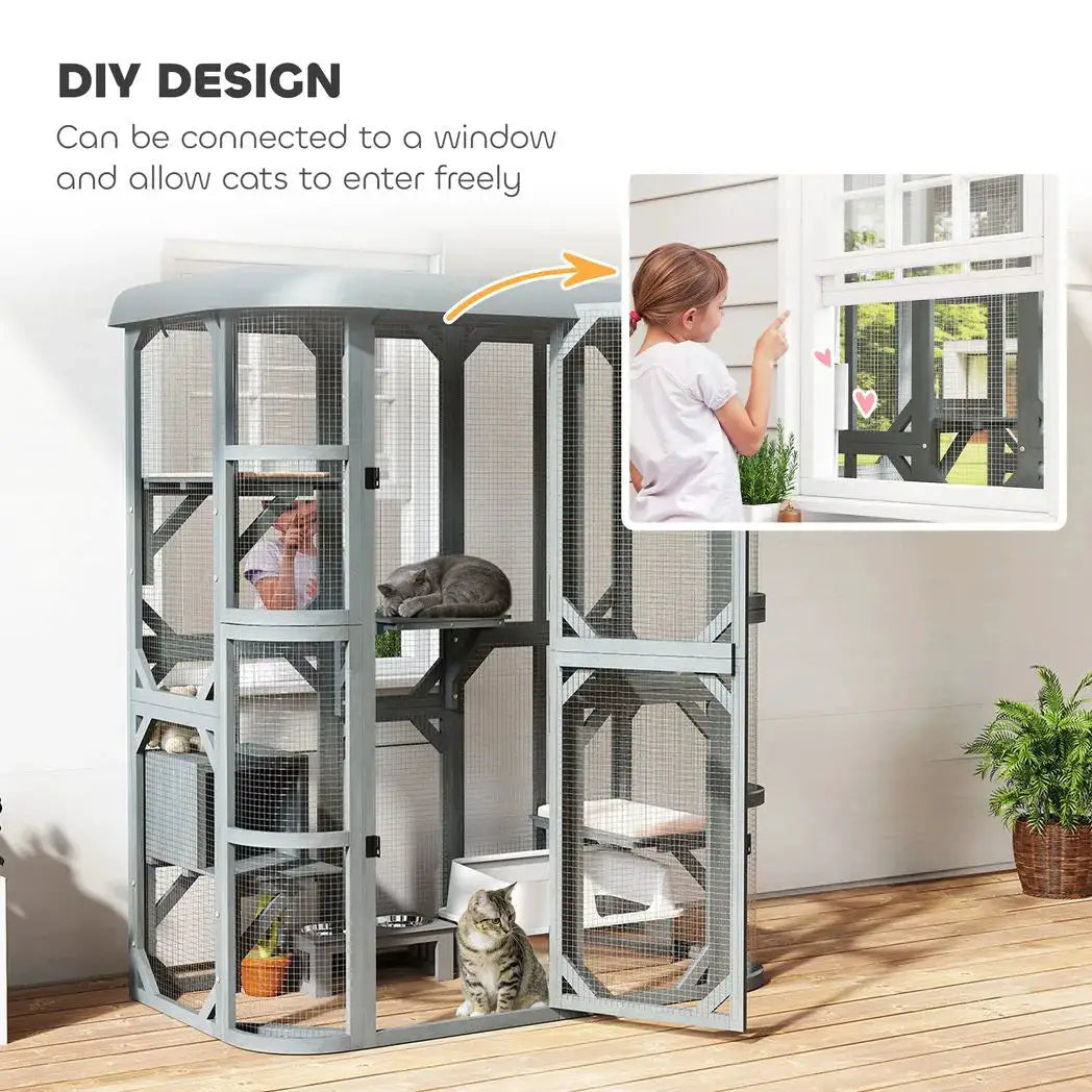 PawHut Catio Outdoor Cat Enclosure, Wooden Cat House with Platforms, Condo and Waterproof Cover for 2?3 Kittens, Grey - from PawHut