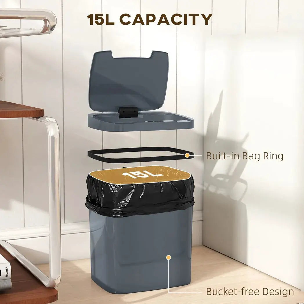 HOMCOM 15L Sensor Bin, Automatic Touchless Kitchen Bin, Easy Clean, Battery Operated for Home Office, Bedroom, Bathroom, Grey - from HOMCOM