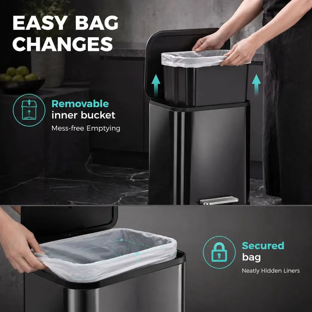 HOMCOM 50L Kitchen Bin, Metal Pedal Rubbish Bin with Soft Close and Stay-Open Lid, Removable Inner Bucket, High Gloss Black - from HOMCOM