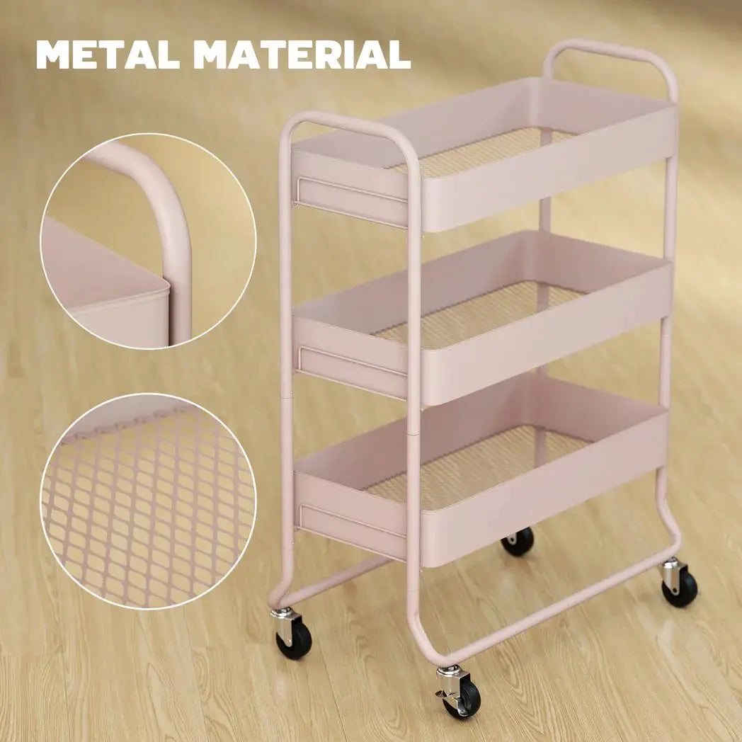 HOMCOM 3-Tier Storage Trolley on Wheels, Rolling Utility Cart with Mesh Backets for Kitchen, Bathroom, Bedroom, Light Pink - from HOMCOM