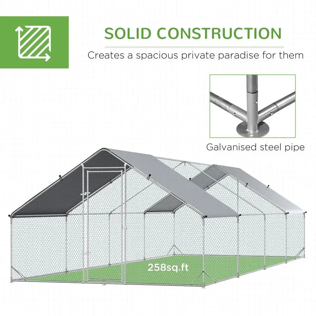PawHut Chicken Run Galvanised Walk-in Chicken Coop Hen Poultry House Cage Rabbit Hutch with Water-Resist Cover, 3 x 8 x 2m - from PawHut