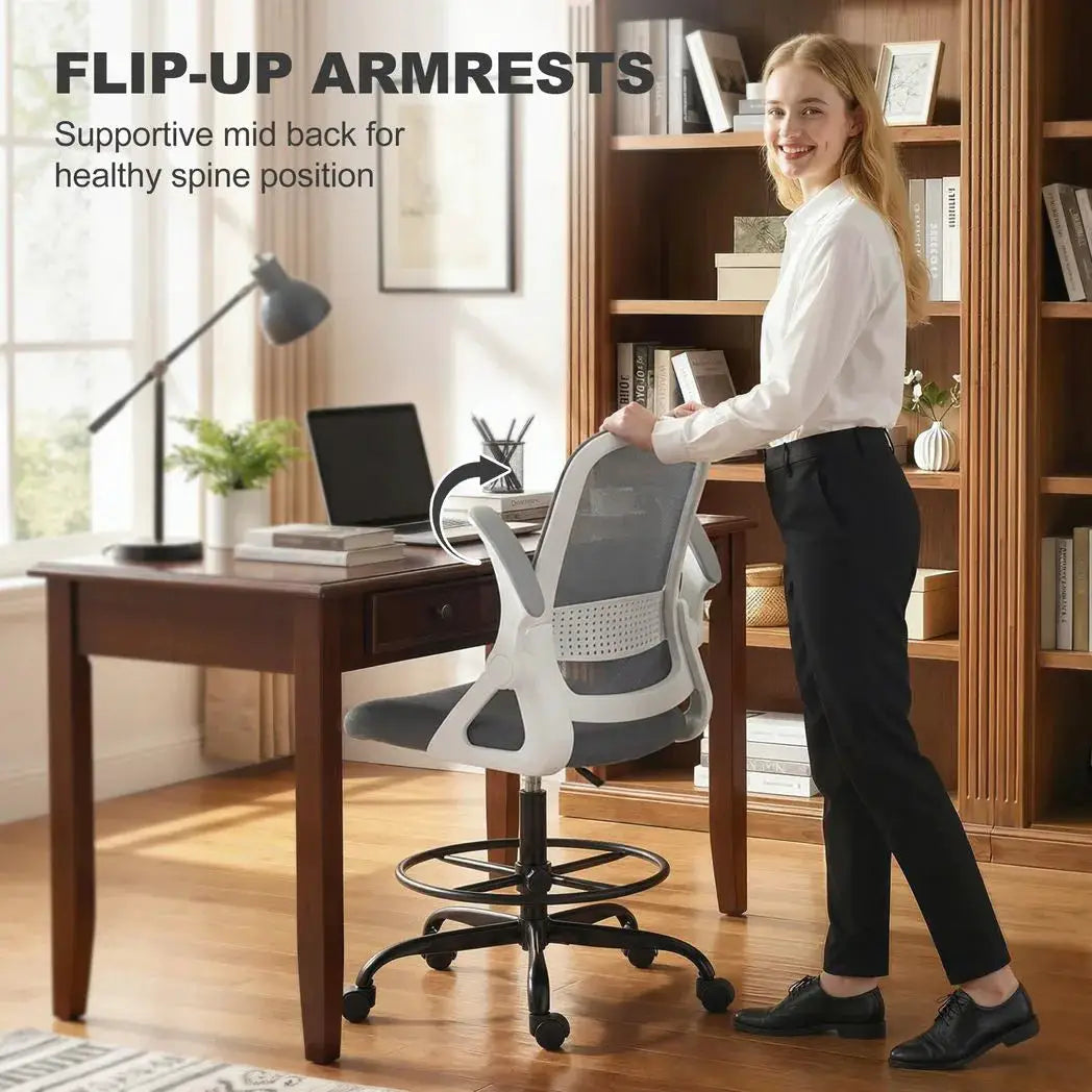HOMCOM Painting Chair, Mesh Computer Desk Chair with Flip-up Armrests, Grey - from HOMCOM