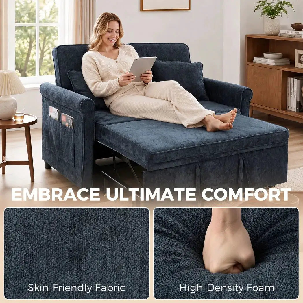 HOMCOM 2 Seater Sofa Bed 3-in-1 Convertible Chenille Pull Out Sleeper Sofa with 5-Position Adjustable Backrest, Dark Blue - from HOMCOM