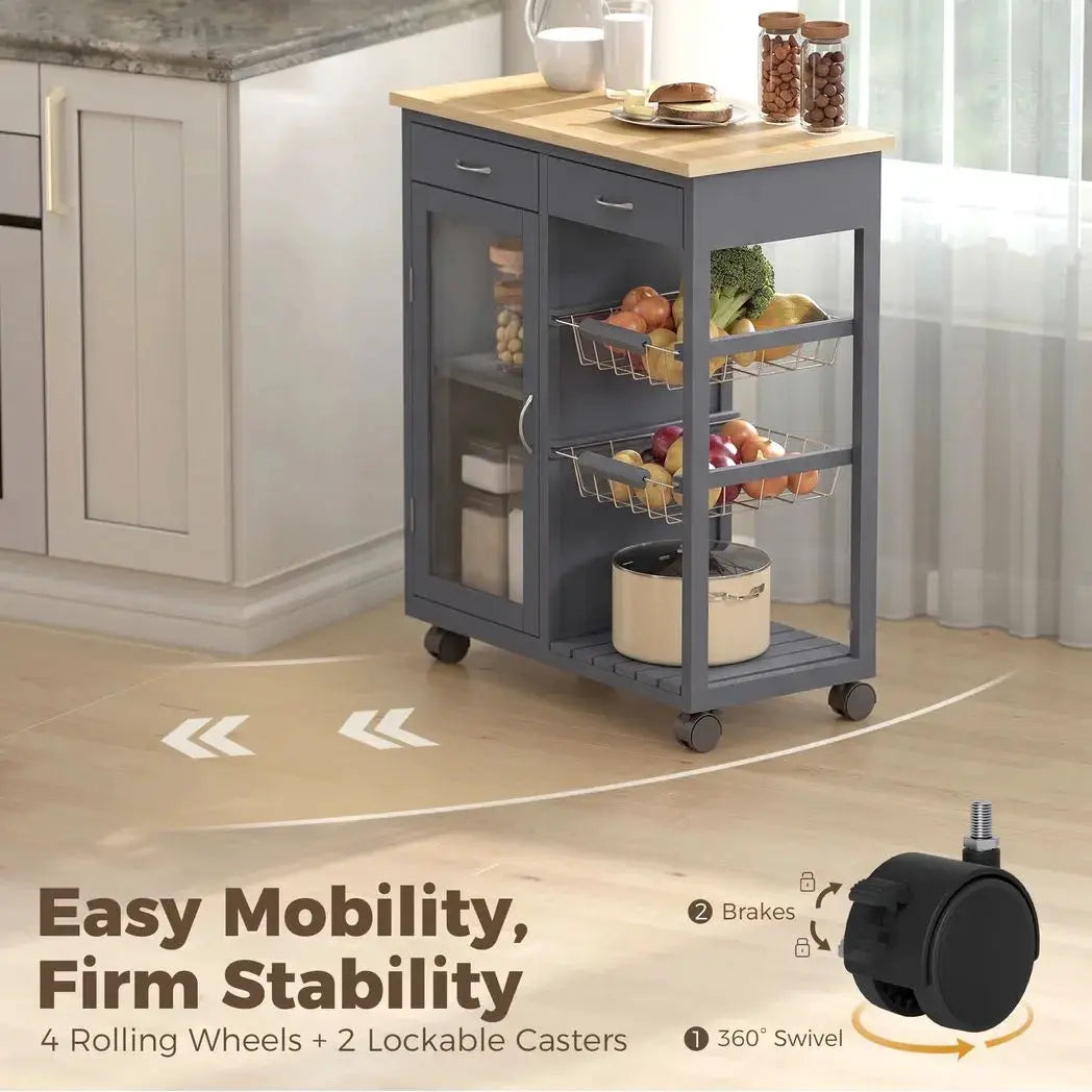 HOMCOM Bamboo Kitchen Island, Rolling Kitchen Trolley with Glass Door, 2 Metal Wire Baskets and Adjustable Shelf, Grey - from HOMCOM