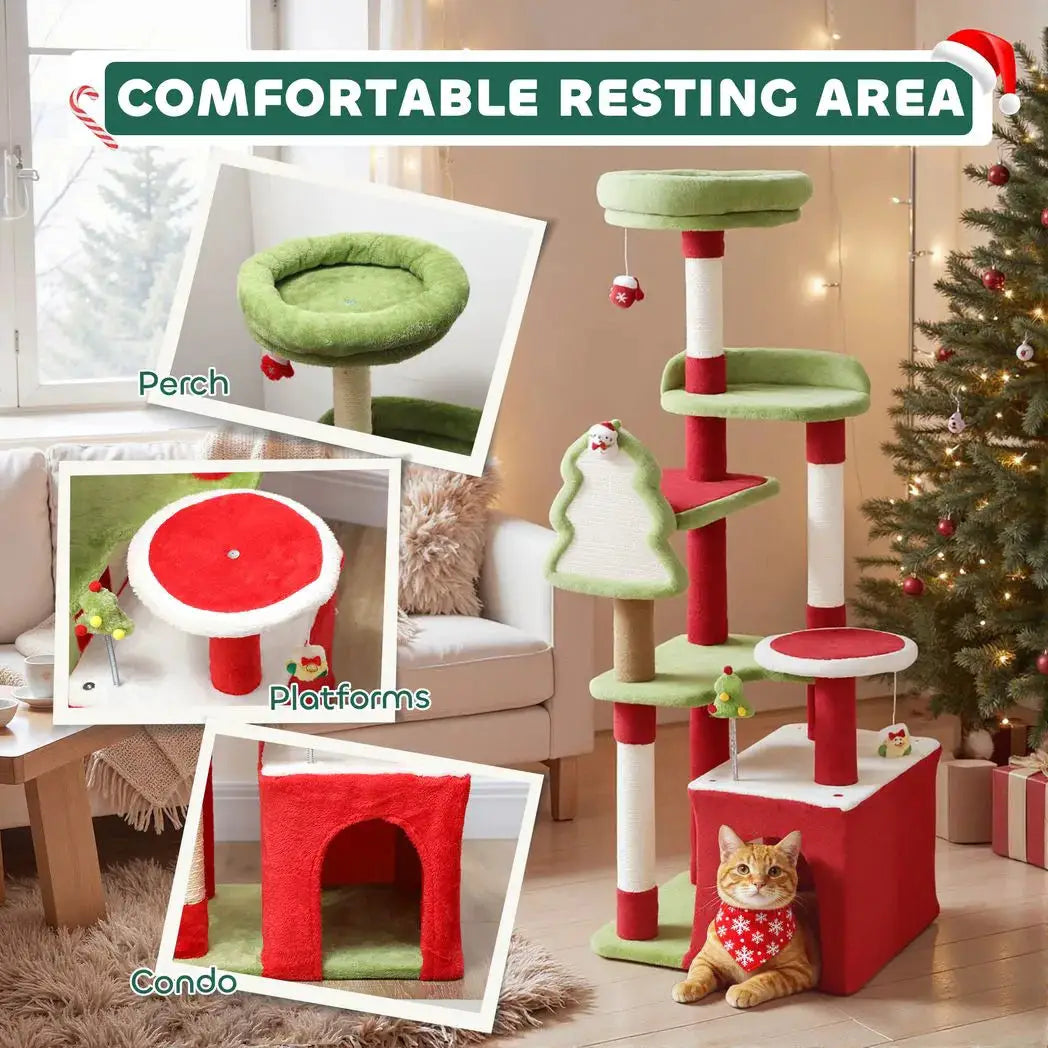 PawHut Cat Tree, 120cm Christmas Cat Tower with 3 Scratching Posts, Scratching Board, 2 Perches, Platforms, Toys, Green - from PawHut