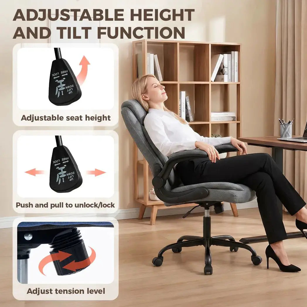 HOMCOM Linen-Look Computer Desk Chair, Executive Office Chair with Flip-Up Armrests and Thick Cushion, Grey - from HOMCOM