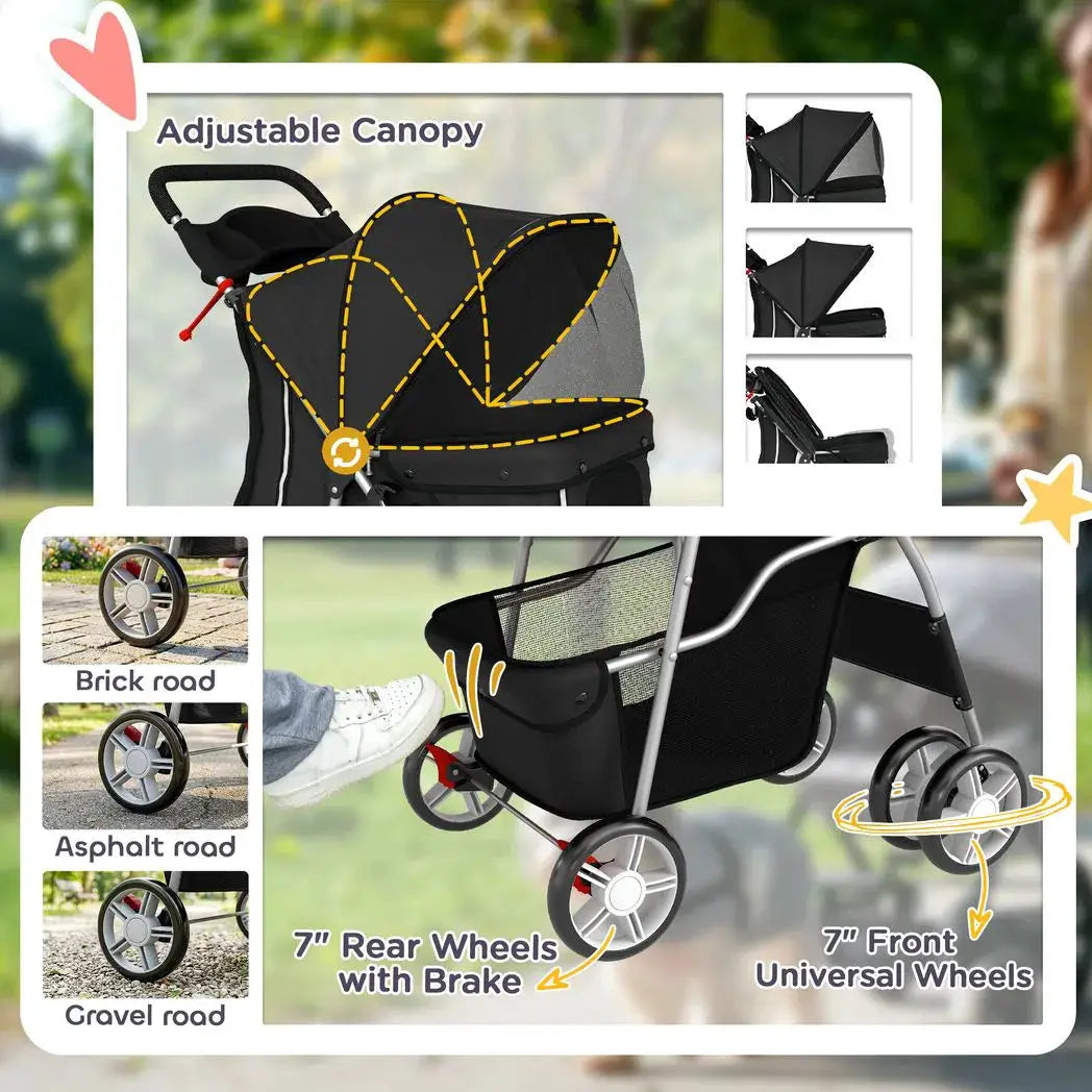 PawHut Dog Pram, Pet Stroller with Reflective Strips, Foldable Cat Stroller with 360° Swivel Wheels, Black - from PawHut