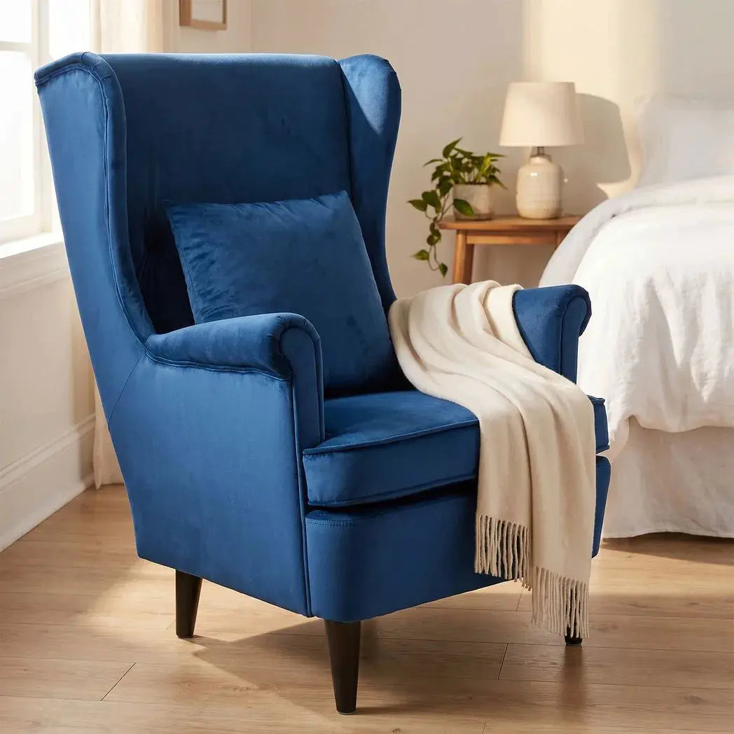 HOMCOM Modern Accent Chair with High Backrest and Pillow, Velvet-Feel Fabric Reading Chair with Solid Wood Legs, Blue - from HOMCOM