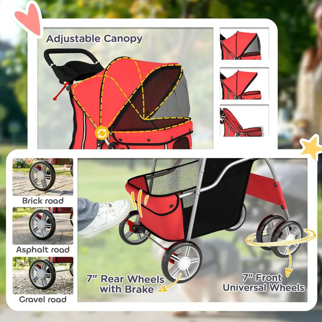 PawHut Dog Pram, Pet Stroller with Reflective Strips, Foldable Cat Stroller with 360° Swivel Wheels, Red - from PawHut