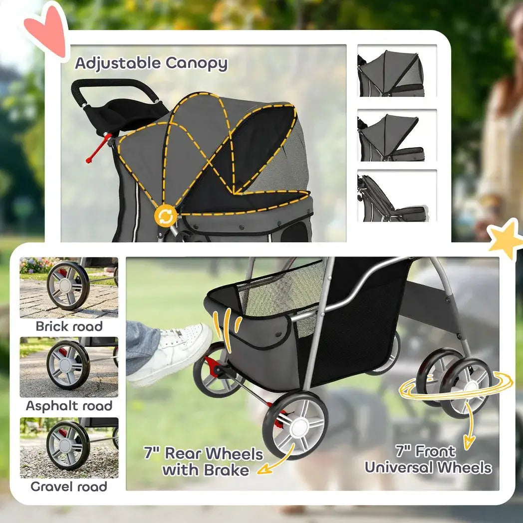 PawHut Dog Pram, Pet Stroller with Reflective Strips, Foldable Cat Stroller with 360° Swivel Wheels, Dark Grey - from PawHut