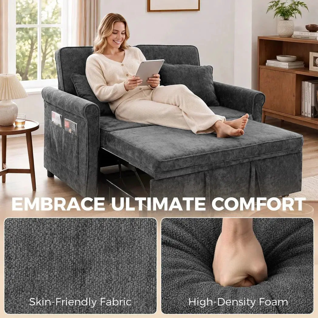HOMCOM 2 Seater Sofa Bed 3-in-1 Convertible Chenille Pull Out Sleeper Sofa with 5-Position Adjustable Backrest, Grey - from HOMCOM