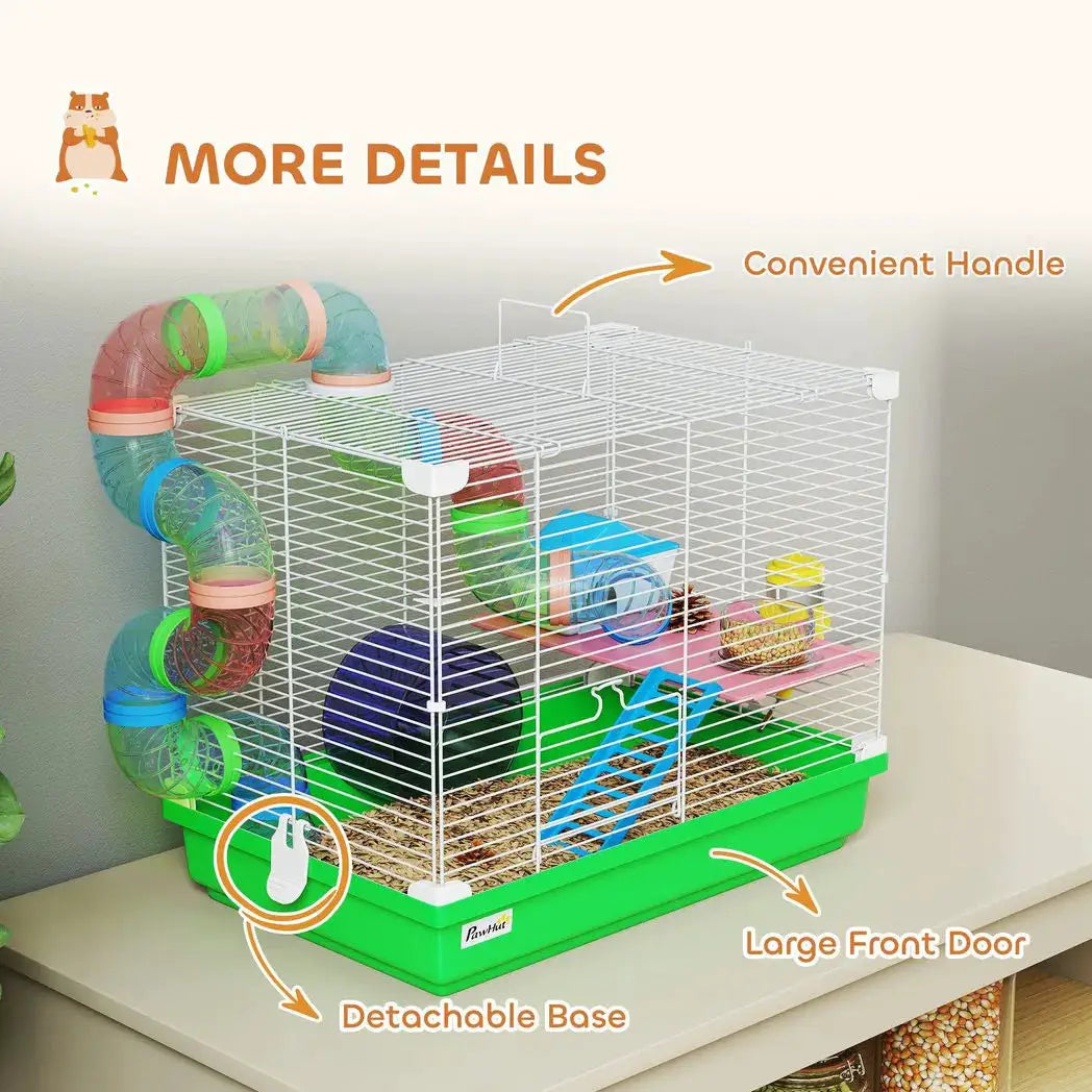 PawHut 2 Tier Hamster Cage, Gerbil Cage with Handle, Exercise Wheels, Tunnel, Water Bottle, Dishes, Ladder, for Dwarf - from PawHut