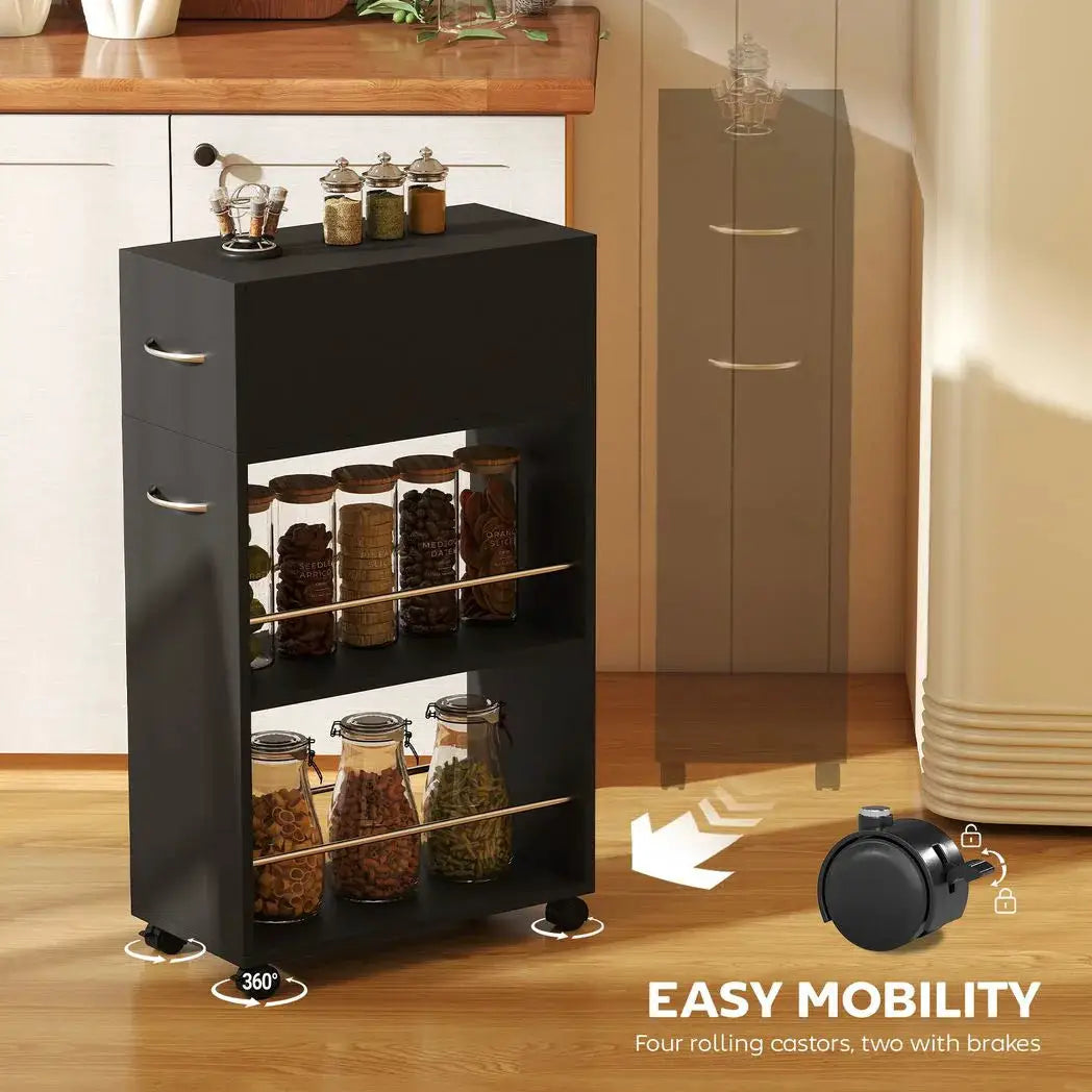 HOMCOM Rolling Storage Unit, 3-Tier Kitchen Cart Trolley with Drawer, Surface Top and 4 Universal Wheels, Black - from HOMCOM