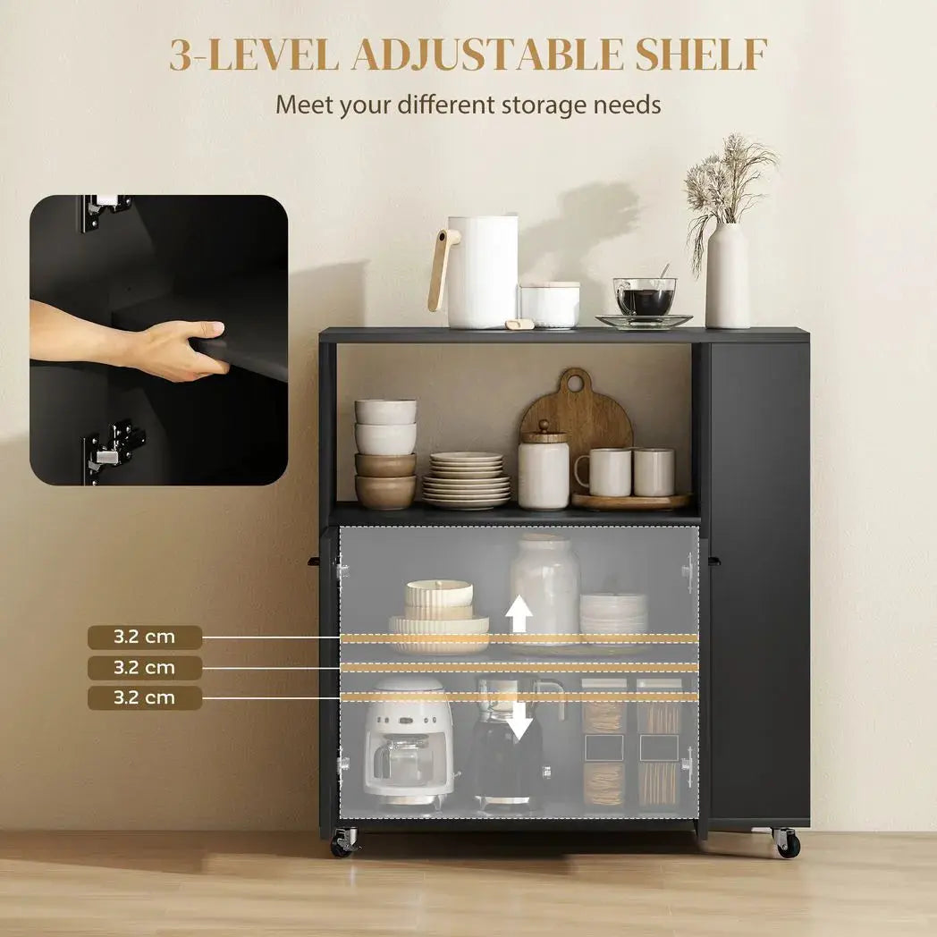 HOMCOM Kitchen Trolley on Wheels, Rolling Kitchen Island Cart with 2-Door Cabinet, Spice Rack and Adjustable Shelf, Black - from HOMCOM