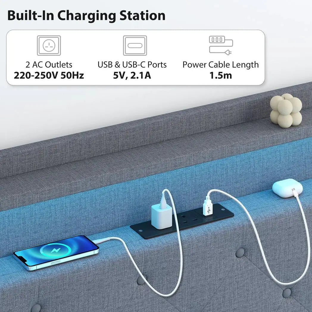 HOMCOM Floating Bed Frame, Upholstered 3ft Single Size Bed, Platform Bed with RGB LED Lights and Charging Station, Grey - from HOMCOM