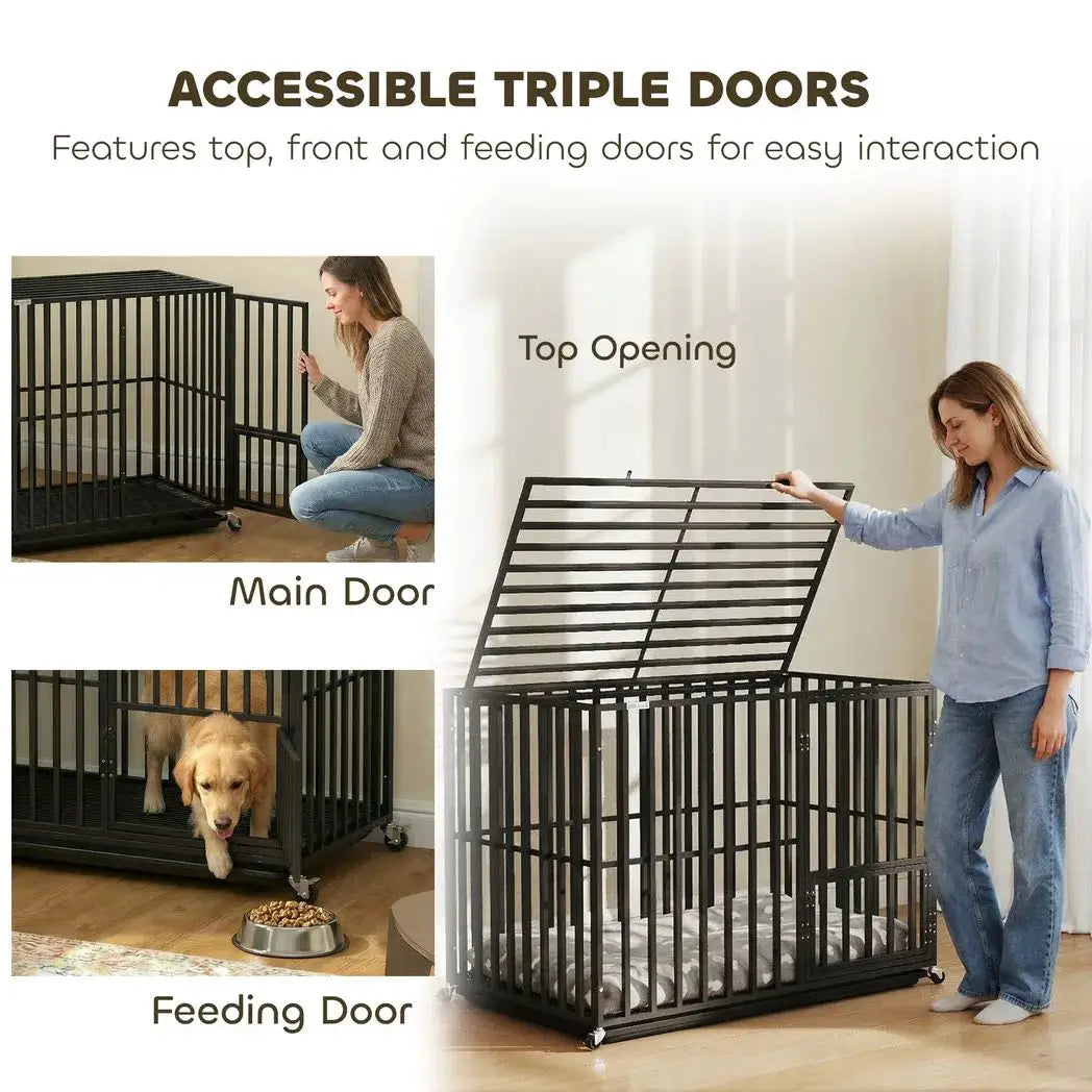 PawHut Heavy Duty Dog Crate, Dog Cage with Wheels for Medium Large Breeds, Metal Pet Kennel with Removable Tray - from PawHut