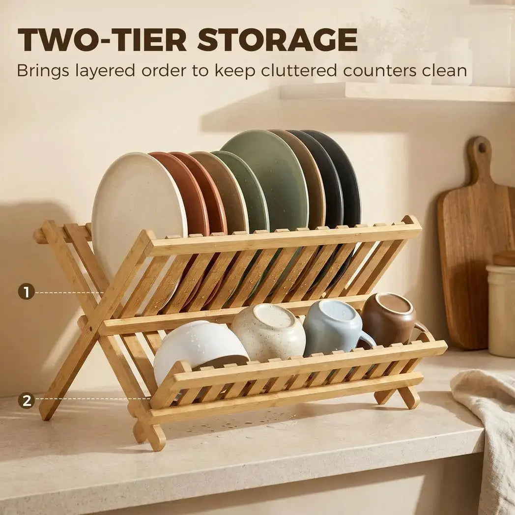 HOMCOM Kitchen Storage Unit, 2-Tier Foldable Kitchen Storage Rack with Slatted Draining Shelves, Natural Wood Finish - from HOMCOM