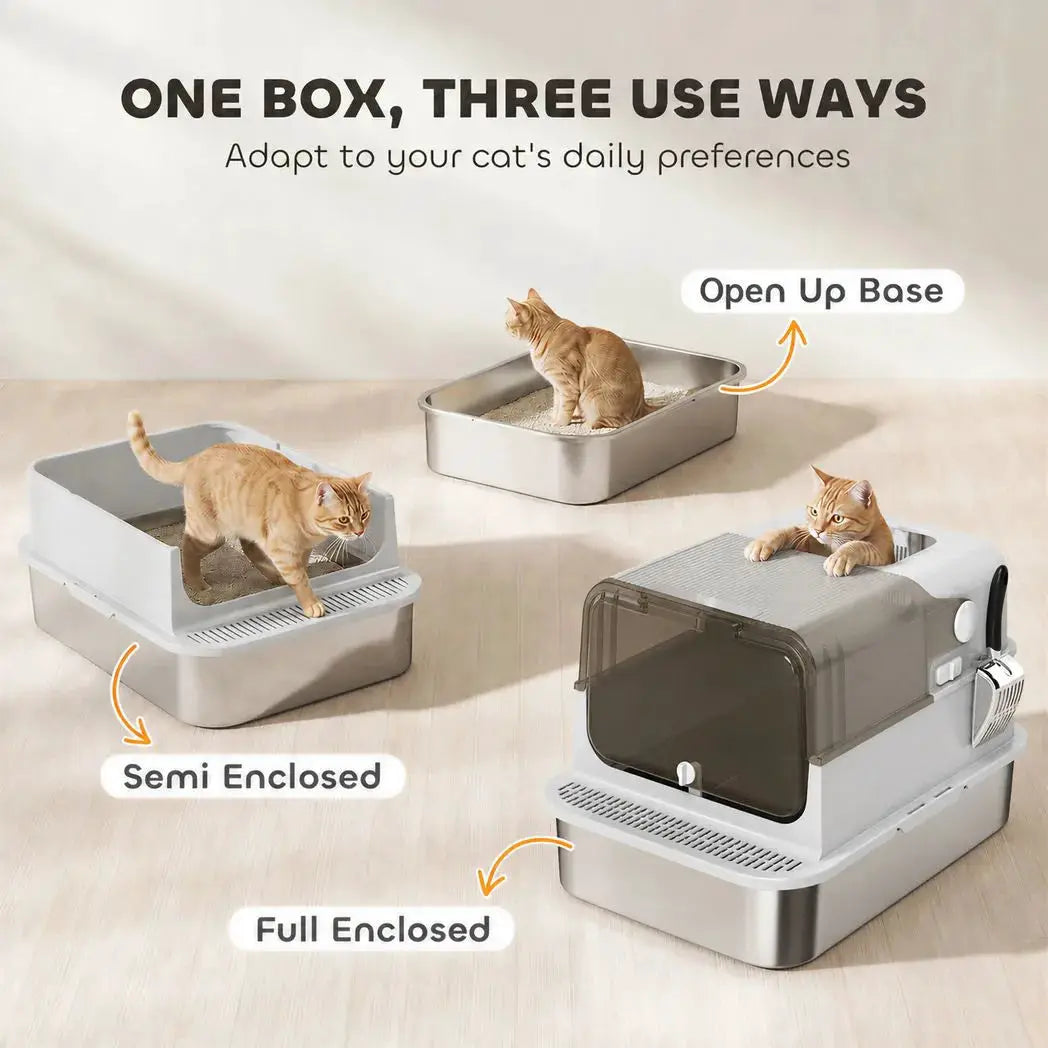 PawHut XXL Stainless Steel Cat Litter Tray, Enclosed Cat Litter Box with 90° Flip Cover, Double Doors, Scoop, Easy Clean, Grey - from PawHut