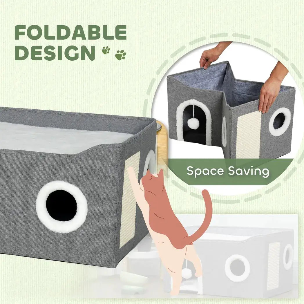 PawHut Cat Bed for Indoor Pets, Foldable Cat House with Fluffy Ball and Scratch Pad for Small and Medium Pets, Grey - from PawHut