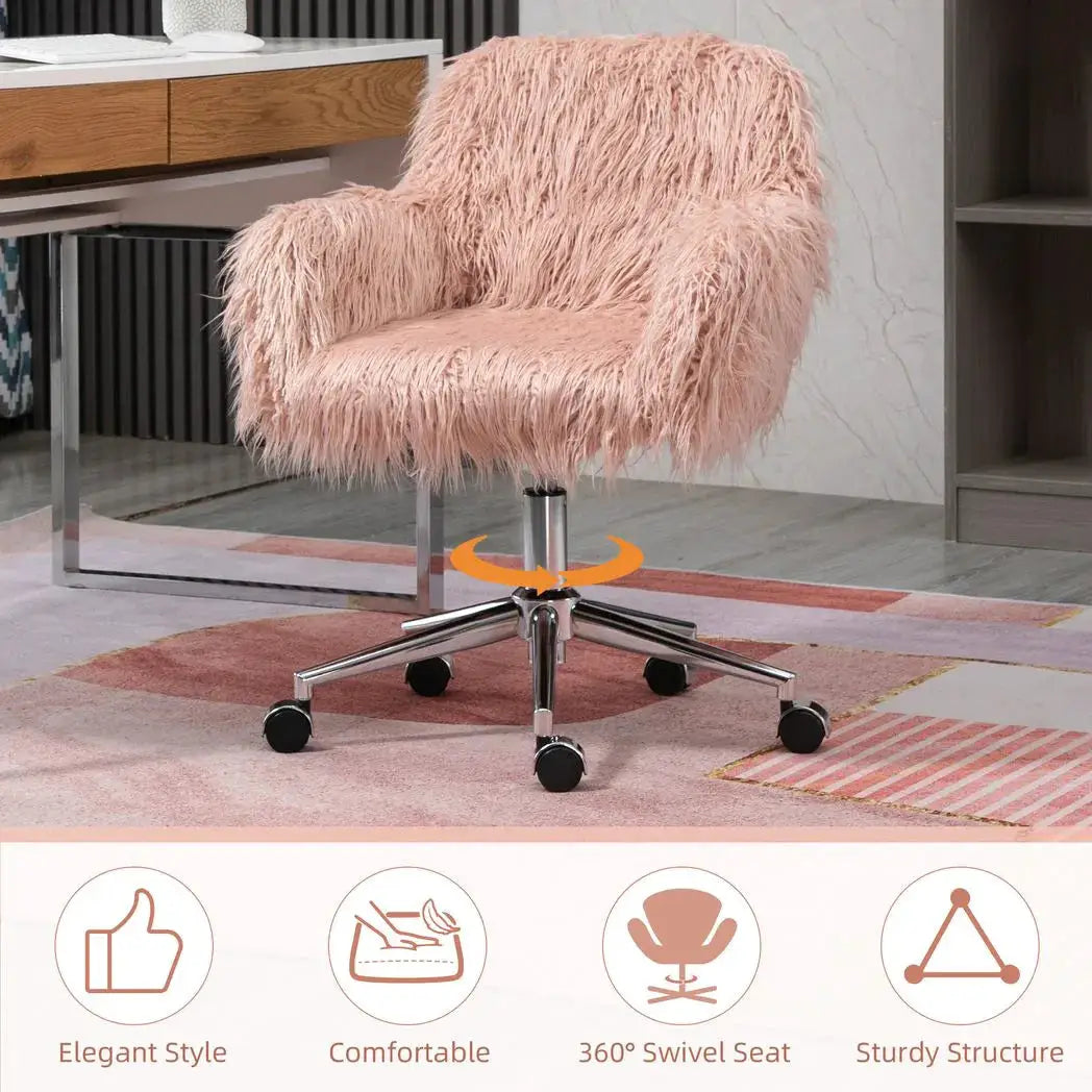 Vinsetto Faux Fur Desk Chair, Rolling Swivel Makeup Chair with Adjustable Height, Armrets for Home Office, Bedroom, Pink - from Vinsetto