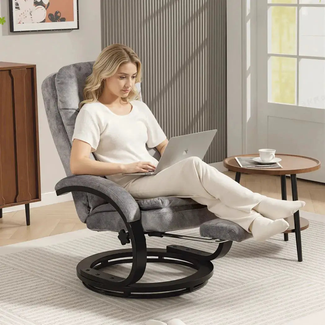 HOMCOM Swivel Recliner Chair with Footrest, Manual Recliner Armchair with Wooden Base, Plush Velvet Upholstered Reclining Chair for Living Room, Bedroom, Office, Grey - from HOMCOM