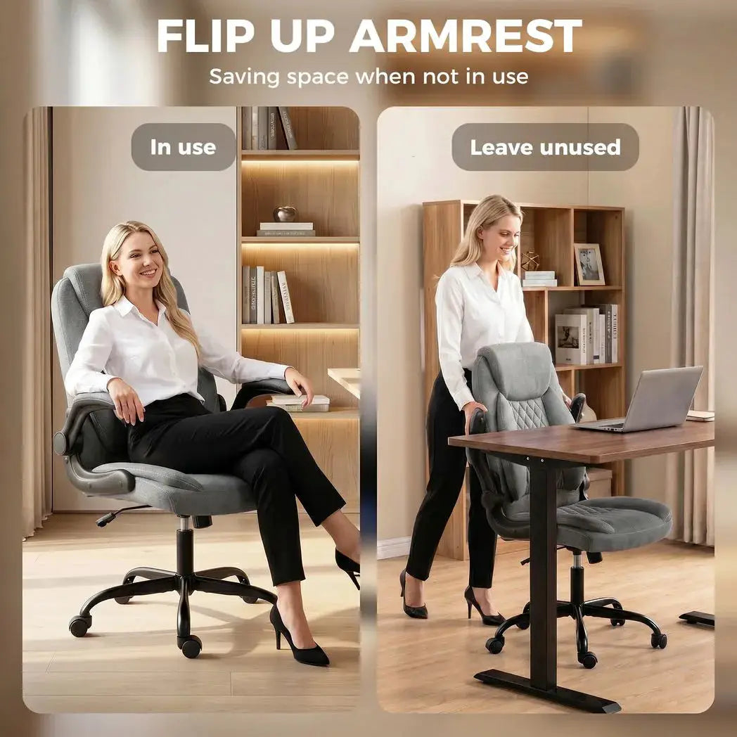 HOMCOM Linen-Look Computer Desk Chair, Executive Office Chair with Flip-Up Armrests and Thick Cushion, Grey - from HOMCOM