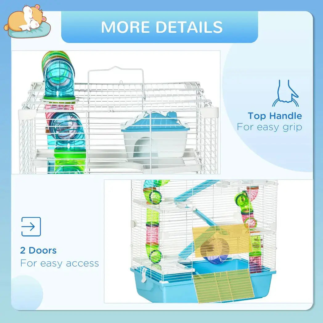 PawHut Hamster Cage w/ Water Bottle, Exercise Wheel, Tubes, Ramps - Light Blue - from PawHut