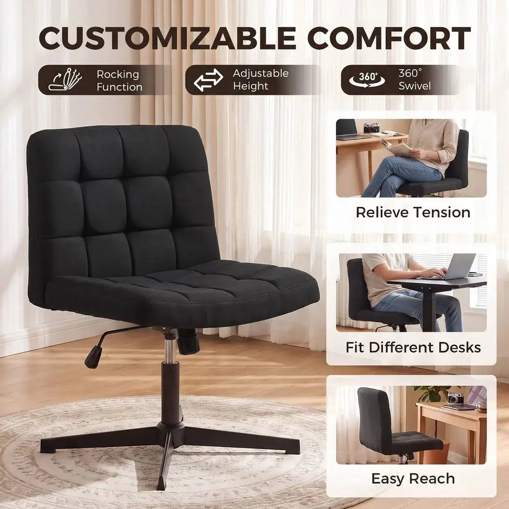 HOMCOM Armless Office Chair, Cross Legged Linen Computer Desk Vanity Chair with Wide Seat, Rocking Function, Black - from HOMCOM