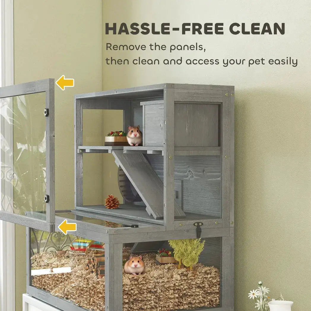 PawHut Wooden Hamster Cage with Hut, Wheel, Ramps, Removable Viewing Panels, 80 x 50 x 84 cm, Grey - from PawHut