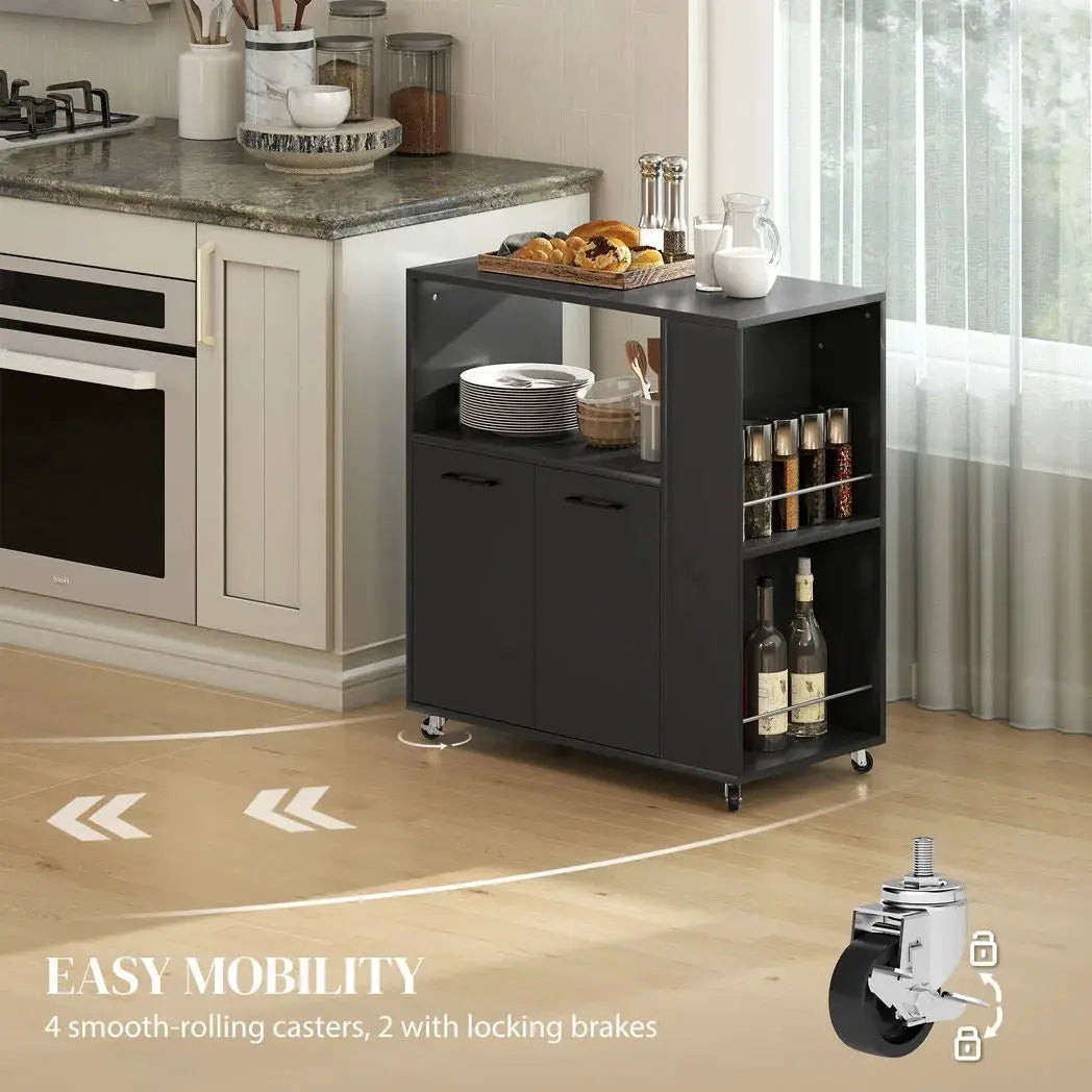 HOMCOM Kitchen Trolley on Wheels, Rolling Kitchen Island Cart with 2-Door Cabinet, Spice Rack and Adjustable Shelf, Black - from HOMCOM