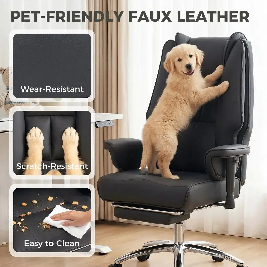 HOMCOM Executive Office Chair, Reclining Desk Chair with Footrest, Adjustable Armrests, Pet Friendly Faux Leather, Black - from HOMCOM