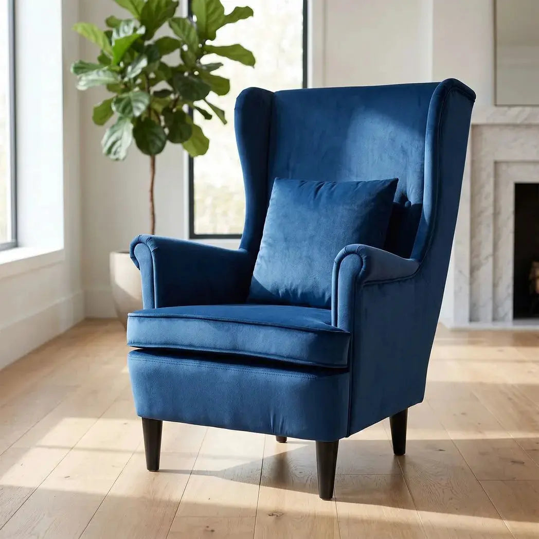 HOMCOM Modern Accent Chair with High Backrest and Pillow, Velvet-Feel Fabric Reading Chair with Solid Wood Legs, Blue - from HOMCOM