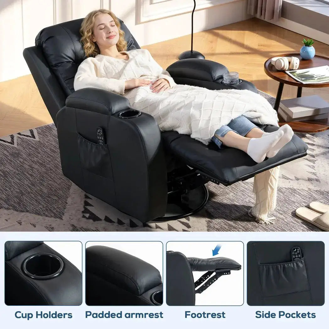HOMCOM PU Leather Recliner Chair, Recliner Armchair with Extended Footrest, Cup Holders and Side Pockets, Black - from HOMCOM