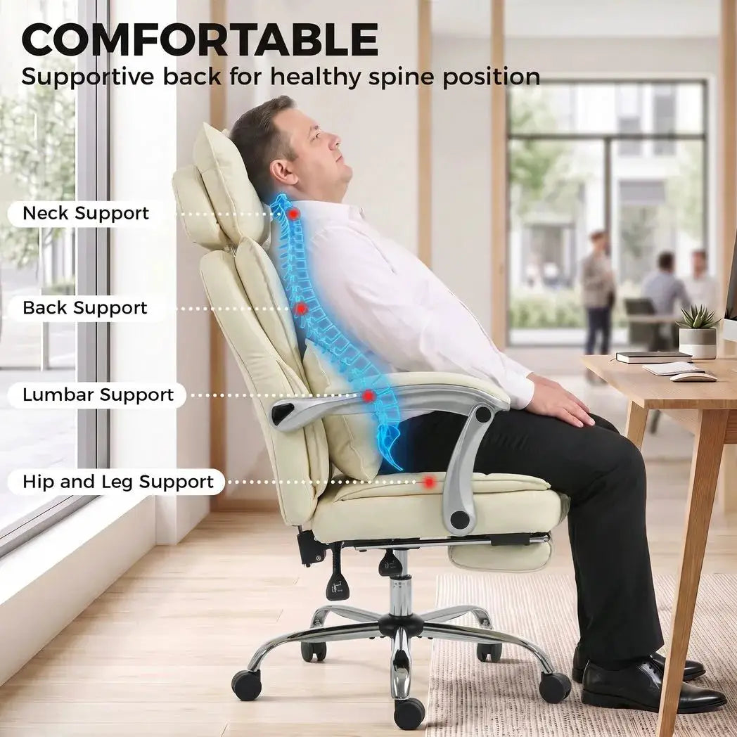 HOMCOM Executive Office Chair, PU Big and Tall Office Chair 180 kg with Wide Seat, Reclining, Lumbar Support, Beige - from HOMCOM
