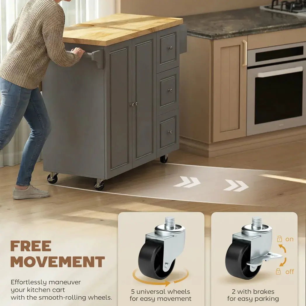 HOMCOM Kitchen Island on Wheels, Rolling Kitchen Storage Trolley with Drop Leaf, Drawers, Towel and Spice Rack, Grey - from HOMCOM