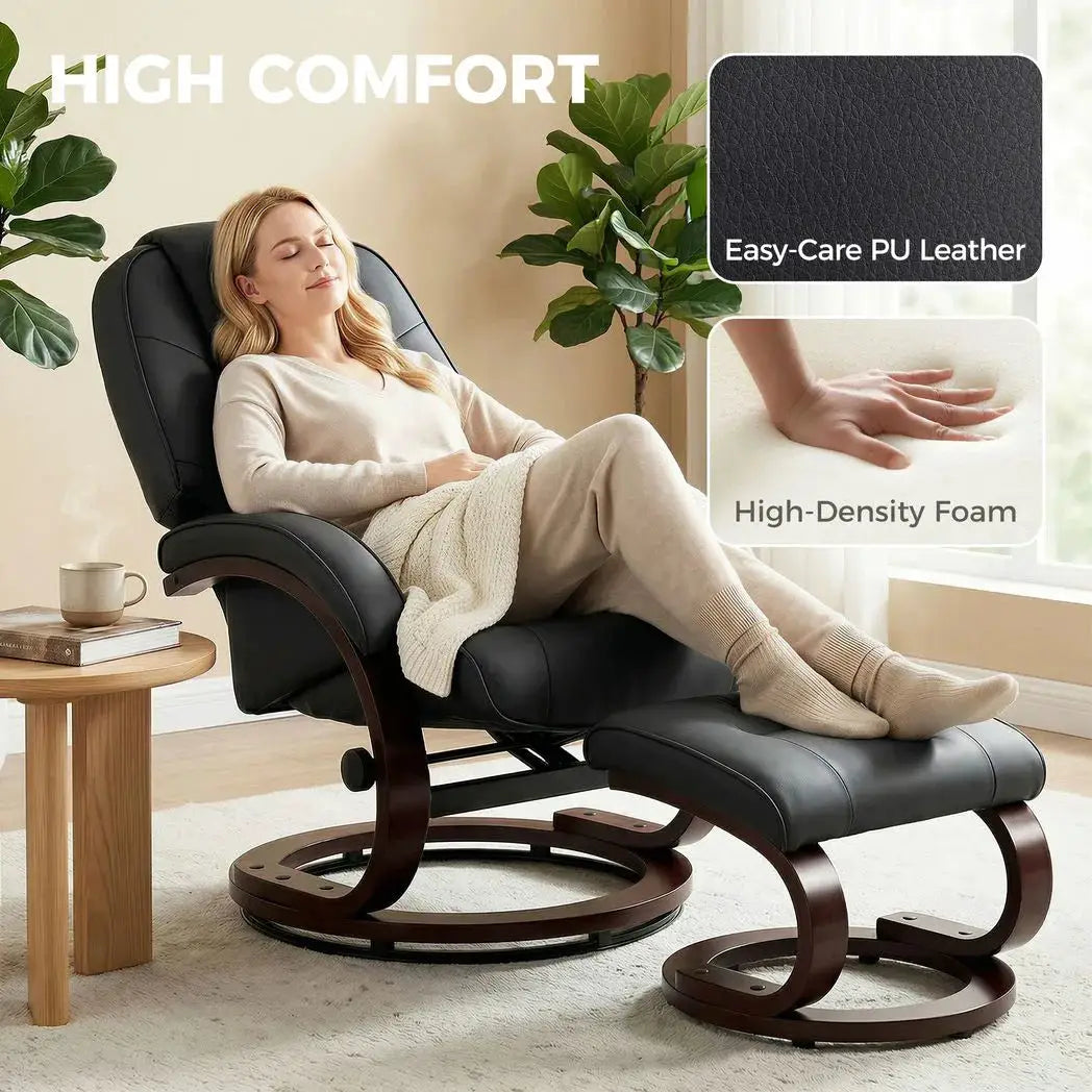 HOMCOM Swivel Recliner Chair with Footstool, PU Leather Recliner Armchair with Adjustable Back and Wood Frame, Black - from HOMCOM